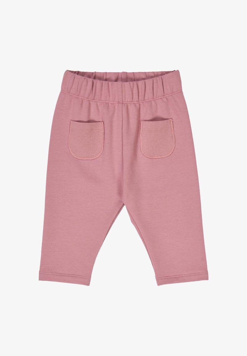 Růžové bavlněné dětské kalhoty s elastickým pasem, které mají dvě žebrované kapsy na zadní straně a pohodlný volný střih.