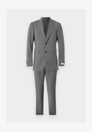 Γκρι ανδρικό κοστούμι δύο τεμαχίων, με μονόκουμπο σακάκι και παντελόνια με ίσια γραμμή.