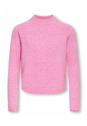 Weicher rosa Pullover mit langen Ärmeln, hohem Rundhalsausschnitt, gerippten Bündchen und geripptem Saum.