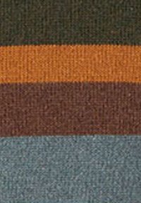 Tessuto lavorato a maglia con righe orizzontali in verde scuro, arancione bruciato, marrone e azzurro chiaro. Texture morbida con un motivo uniforme.