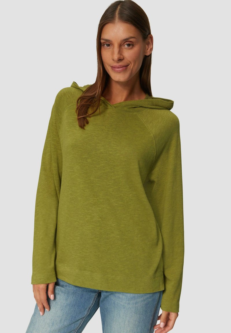 Grüne Kapuzenjacke mit langen Ärmeln, einer Fronttasche und einer Kordelzugkapuze. Hergestellt aus einem weichen, strukturierten Stoff mit lässiger Passform.
