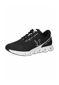 Black sports shoe with a smooth textile upper, white accents, round laces, and a cushioned sole featuring hexagonal cutouts for ventilation.