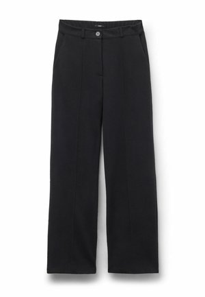 Pantaloni neri a gamba larga realizzati in un tessuto morbido e testurizzato. Presentano una chiusura con bottone, tasche laterali e un design con taglio dritto e pieghe.
