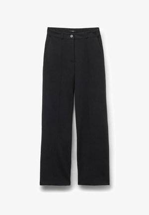 Pantalones de pierna ancha negros, confeccionados con una tela suave y texturizada. Cuenta con un cierre de botón, bolsillos laterales y un diseño de corte recto con líneas de pliegue.