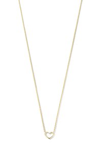 Gouden ketting met een fijne schakel en een hartvormige hanger; gladde afwerking en delicate ontwerpen.
