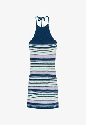 Pleteni halter haljina s prilagođenim krojem. Ima naizmjenične pruge u tamnoplavoj, svijetloplavoj, pastelnoružičastoj i bijeloj boji. Podesiva kravata oko vrata.
