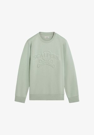 Sweatshirt vert clair avec un devant texturé arborant le design "SCALPERS" et un crâne avec des os croisés. Manches longues et col ras du cou. Tissu doux.
