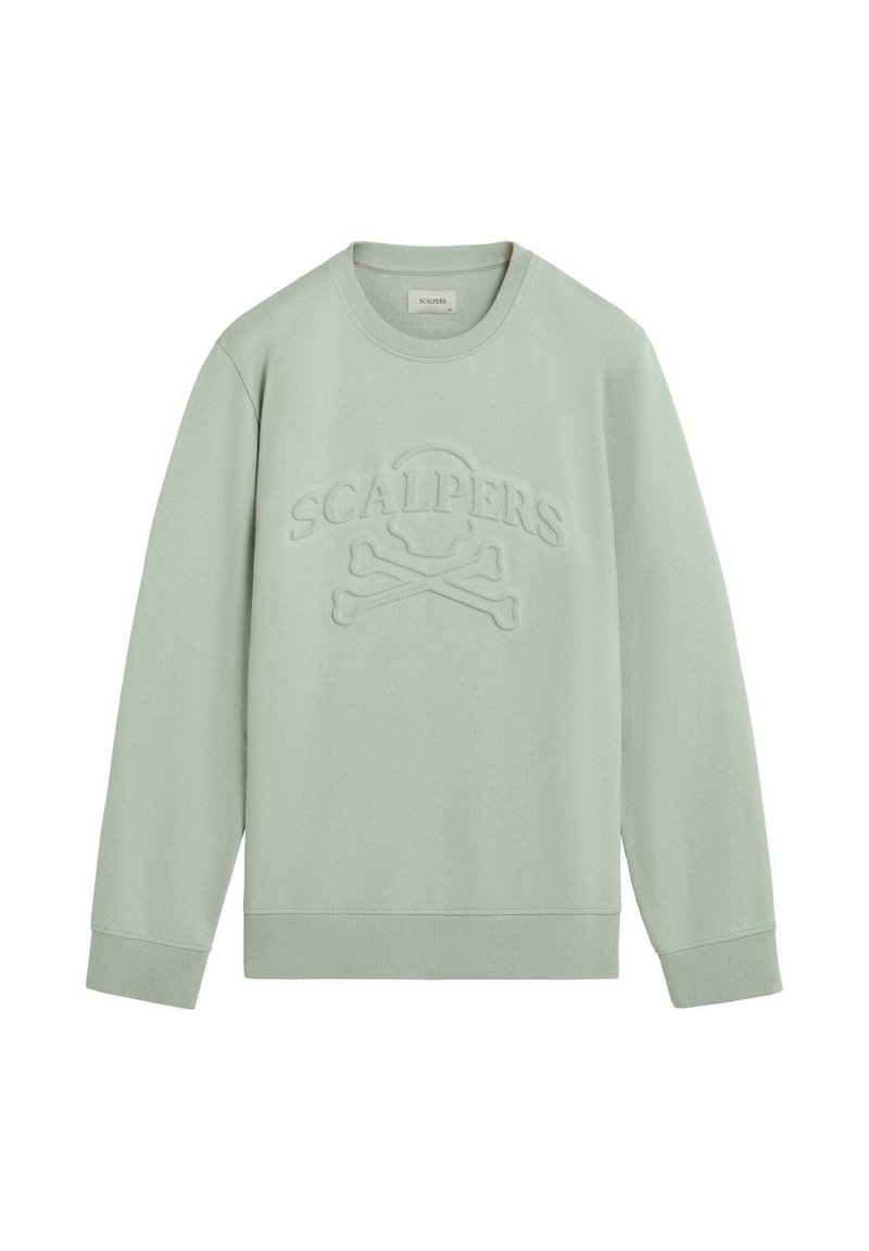 Sudadera verde claro con una parte frontal texturizada que presenta el diseño de "SCALPERS" y calavera con huesos cruzados. Manga larga y cuello redondo. Tejido suave.