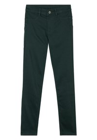 Jeans slim fit de color verde oscuro, fabricados en algodón, con bolsillos frontales, cremallera y cierre de botón. Textura suave sin patrones.