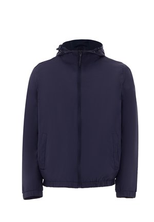 Marineblaues, leichtes Jackett mit einem Reißverschluss vorne, Kapuze, elastischen Bündchen und Seitentaschen. Glattes Material mit einer leicht glänzenden Oberfläche.