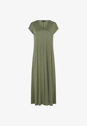Olivgrünes, knielanges Kleid aus weichem Stoff. Es hat einen V-Ausschnitt und kurze Cap-Ärmel sowie eine fließende Silhouette.