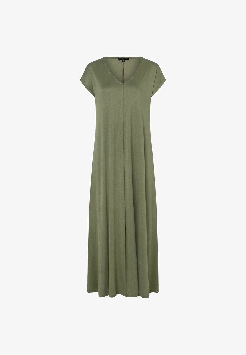 Robe vert olive, longueur genou, faite d'un tissu doux. Présente un décolleté en V et de courtes manches à coques avec une silhouette fluide.