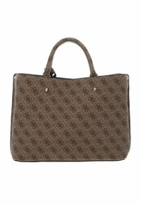 Borsa tote marrone realizzata in tessuto testurizzato con motivo a diamante e logo. Presenta manici superiori e dettagli in metallo. Design spazioso.
