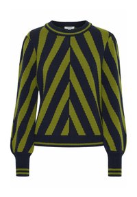 Pull en maille épaisse bleu marine et vert olive, présentant un motif en zigzag audacieux, avec un col rond, des poignets et un ourlet côtelés.