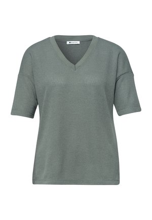 Top de punto con mangas cortas y escote en V en verde apagado con un ajuste relajado y diseño sencillo, de la marca Street One.