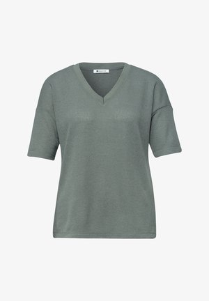 Krótki rękaw, dzianinowy top z dekoltem w serek w stonowanej zieleni, o luźnym kroju i prostym designie, marki Street One.