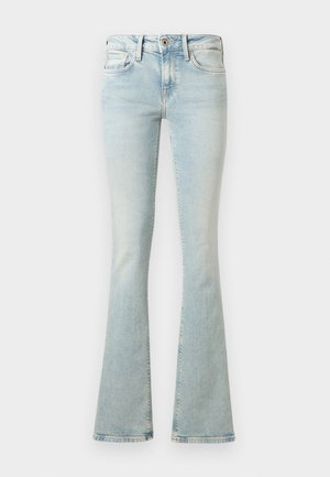 Helle blaue, weit geschnittene Jeans aus Denim mit hoher Taille, fünf Taschen und subtiler Ausbleichung an der Vorder- und Rückseite.