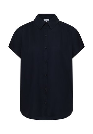 Sort kortærmet skjorte med knapper, spids krave og mærke synligt inde i nakkestykket.