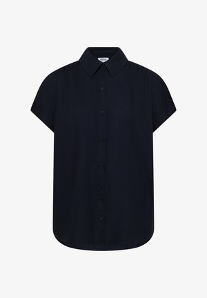 Musta, lyhythihainen nappipaita, jossa on terävä kaulus ja kauluksen sisäpuolella näkyvä merkkilappu.