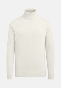 Crème-kleurige coltrui gemaakt van zacht breimateriaal, met een geribde kraag, boorden en zoom, met een gladde, minimalistische uitstraling.