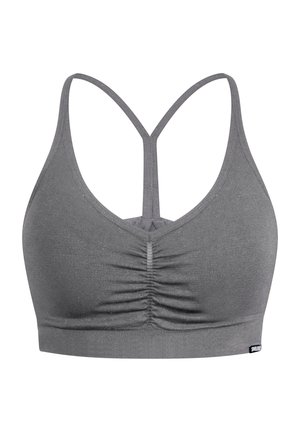 Reggiseno sportivo grigio con design a incrocio sul retro, tessuto strutturato e dettagli arricciati sulla parte anteriore. Cuciture morbide e fascia elastica nella parte inferiore.