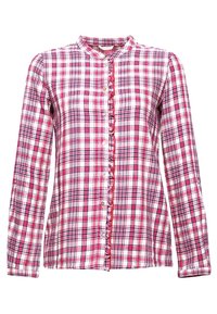 Langärmliges karierter Hemd in Pink, Weiß und Marineblau. Mit Rundhalsausschnitt, Rüschendetails entlang der Knopfleiste und Knopfschluss.