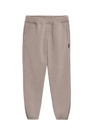 Light brown sweatpants featuring an elastic waistband, two side pockets, and elastic cuffs at the ankles, made from soft fabric.