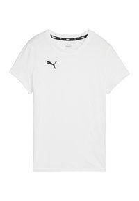 Weißes Kurzarm-T-Shirt aus Baumwolle. Mit einem schwarzen Puma-Logo auf der Brust und einem schwarzen Kragenabschluss. Einfaches und klassisches Design.