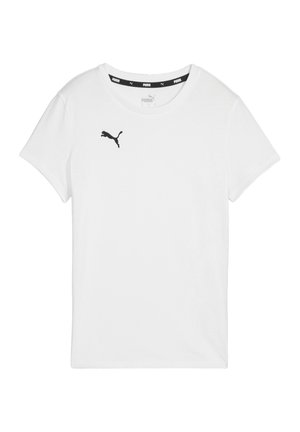 Weißes Kurzarm-T-Shirt aus Baumwolle. Mit einem schwarzen Puma-Logo auf der Brust und einem schwarzen Kragenabschluss. Einfaches und klassisches Design.