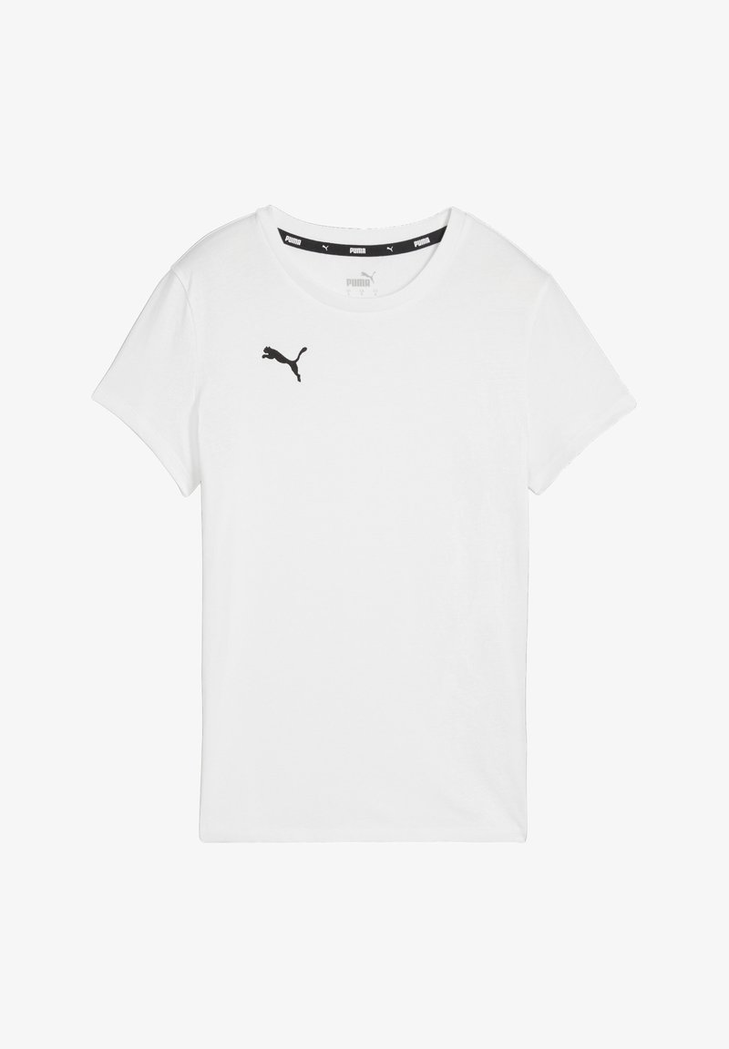 Weißes Kurzarm-T-Shirt aus Baumwolle. Mit einem schwarzen Puma-Logo auf der Brust und einem schwarzen Kragenabschluss. Einfaches und klassisches Design.