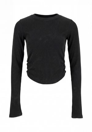 Fekete bordázott hosszú ujjú crop top környakkal és ráncolt oldalakkal, fehér háttéren.