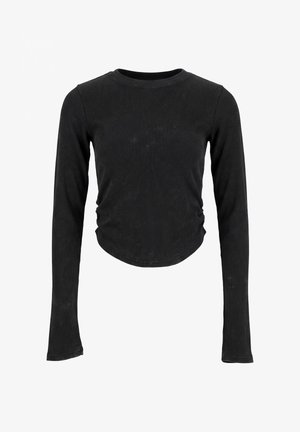Zwarte geribde cropped top met lange mouwen, ronde hals en geplooide zijkanten, getoond op een witte achtergrond.
