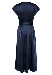 Navy blue dress made of textured fabric, featuring cap sleeves, a cinched waist with a matching belt, and a flowing skirt.