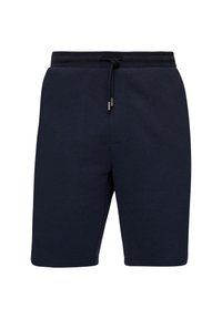 Shorts en coton bleu marine avec une taille élastique, un cordon de serrage ajustable et des poches latérales. Texture lisse, coupe longueur genou.