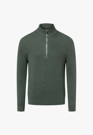 Dunkelgrüner gestrickter Pullover mit hohem Kragen und kurzem Reißverschluss, mit einem gerippten Muster und langen Ärmeln.
