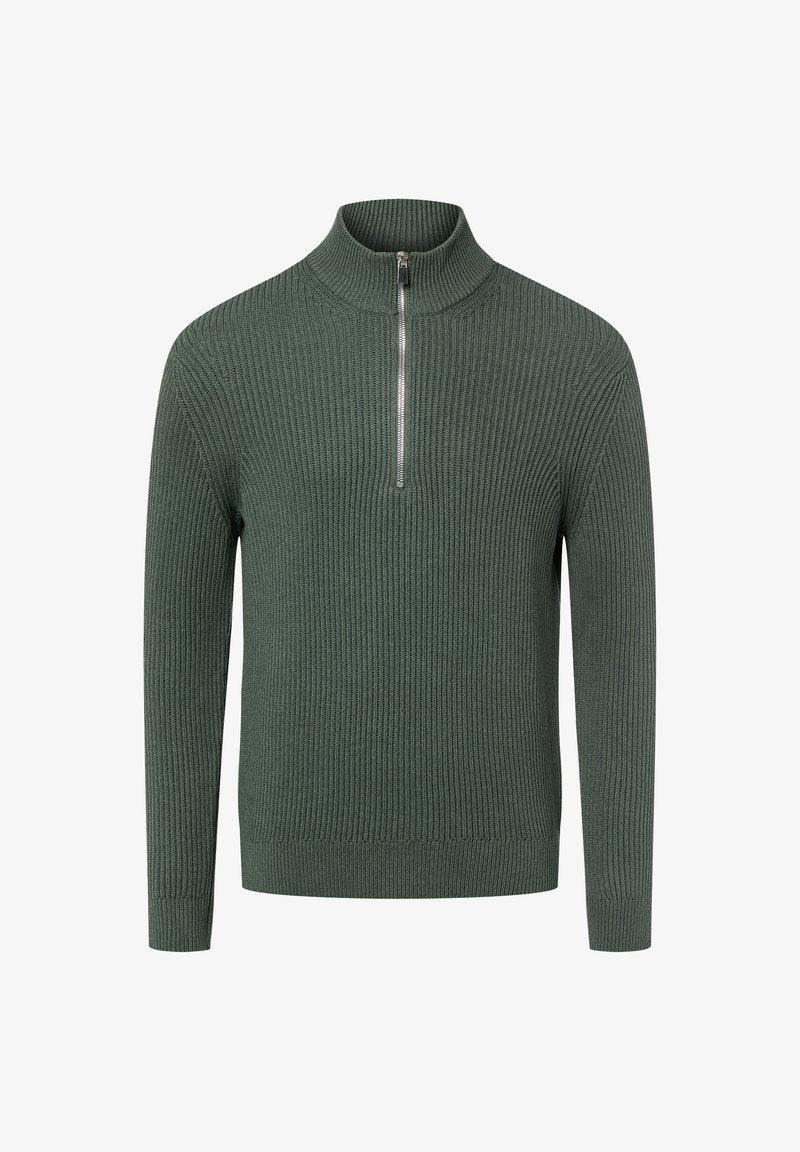 Donkergroene gebreide trui met een hoge kraag en een korte rits, voorzien van een geribbelde textuur en lange mouwen.