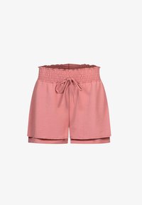 Pantalones cortos rosas con cintura fruncida y lazo ajustable en la parte delantera. Hechos de una tela suave y liviana, con un ajuste relajado y dobladillo enrollado.