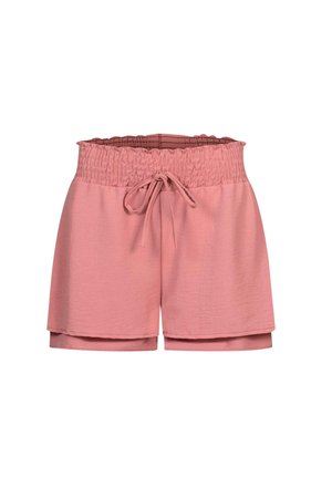 Shorts roses avec une taille smockée et un lien ajustable à l'avant. Fabriqués en tissu doux et léger avec une coupe décontractée et un ourlet replié.