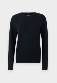 Pull bleu marine à manches longues, col rond, texture douce, fabriqué à partir d'un matériau tricoté, avec des poignets et un ourlet côtelés. Pas de motifs ou d'accents visibles.