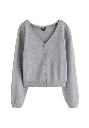 Gray cropped cardigan made of soft knit material. Features a V-neck, long sleeves, and six buttons down the front with ribbed cuffs and hem.