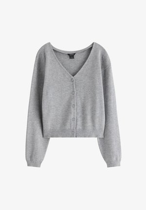 Grauer, lässig geschnittener Cardigan aus weichem Strickmaterial. Mit V-Ausschnitt, langen Ärmeln und sechs Knöpfen auf der Vorderseite, sowie gerippten Bündchen und Saum.