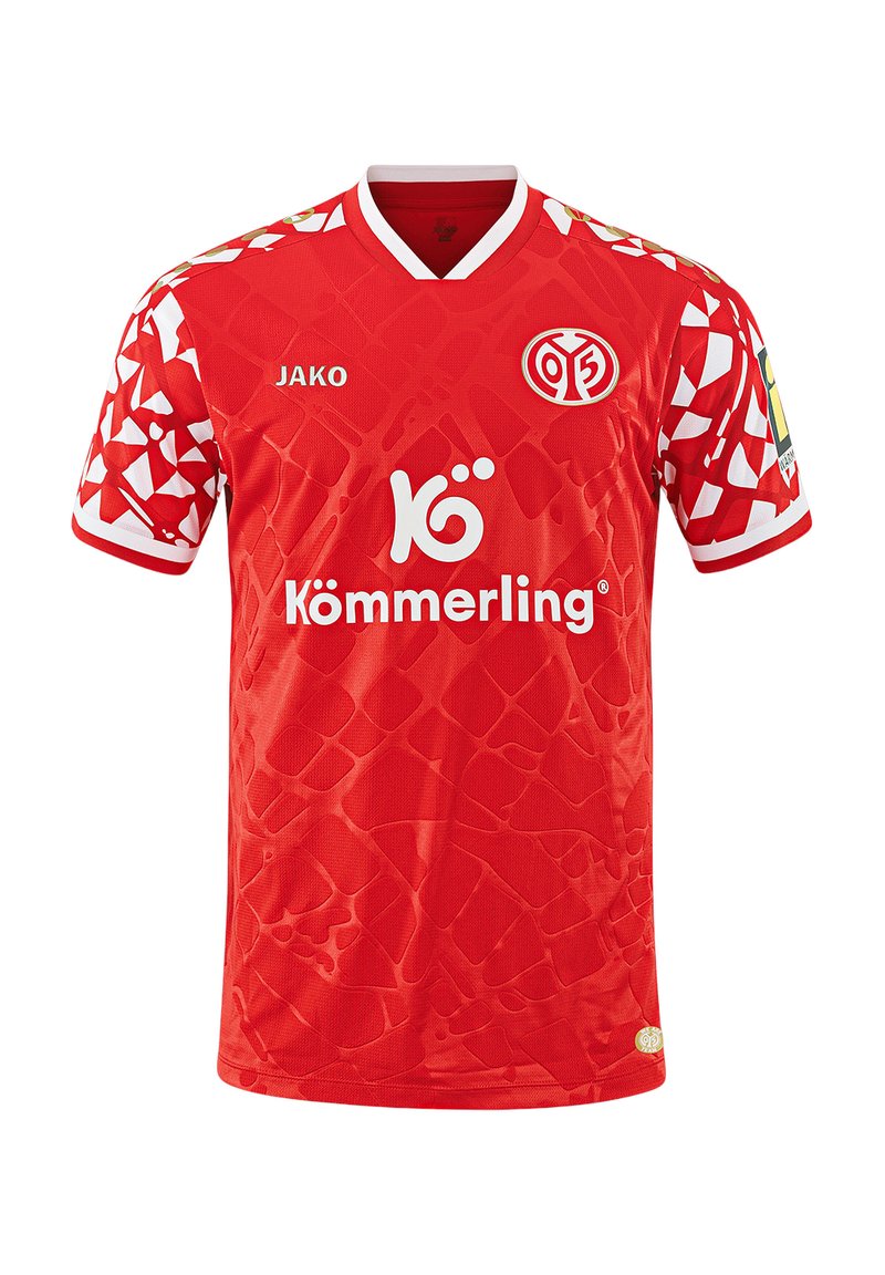 Maillot de football rouge avec un motif texturé, accents blancs sur les manches et un col en V. Comprend des logos sur le devant et les manches.