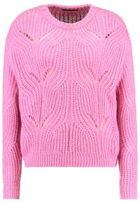 Rosa gestrickter Pullover mit lockerer Passform, der ein strukturiertes Wellenmuster und offene Maschen aufweist. Ein runder Ausschnitt und gerippte Bündchen runden das Design ab.