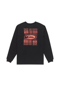 Schwarzes Langarm-T-Shirt mit einem großen pinken Grafikdesign auf der Rückseite mit Text. Das Material ist Baumwolle, mit einem klassischen Rundhalsausschnitt und Bündchen.