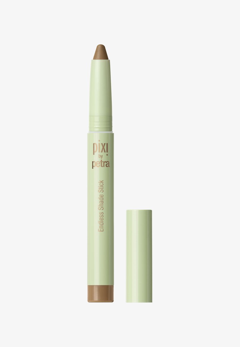 Lichtgroene Pixi by Petra Endless Shade Stick make-up potlood met bruine tint en verwijderde dop op witte achtergrond.