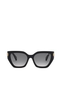 Lunettes de soleil noires oversize forme œil de chat avec verres gris dégradés et détails floraux dorés sur les branches.