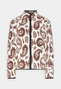 Fleece bunda s bílým podkladem a hnědým paisley vzorem, s černým zipem a stojáčkem. Měkká, strukturovaná látka.