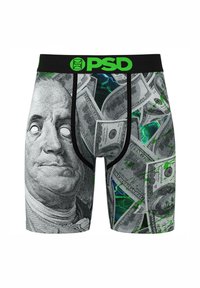 Pánske boxerky v dizajne dolárových bankoviek, so čiernym pásom a zelenými akcentmi. Vyrobené z elastického materiálu, s podrobnými grafikami peňazí.