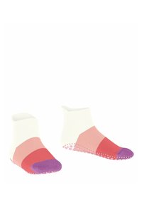 Chaussettes de cheville colorées avec des sections blanches, roses et rouges, dotées de semelles antidérapantes et d'un capuchon violet, fabriquées en matériau textile doux.