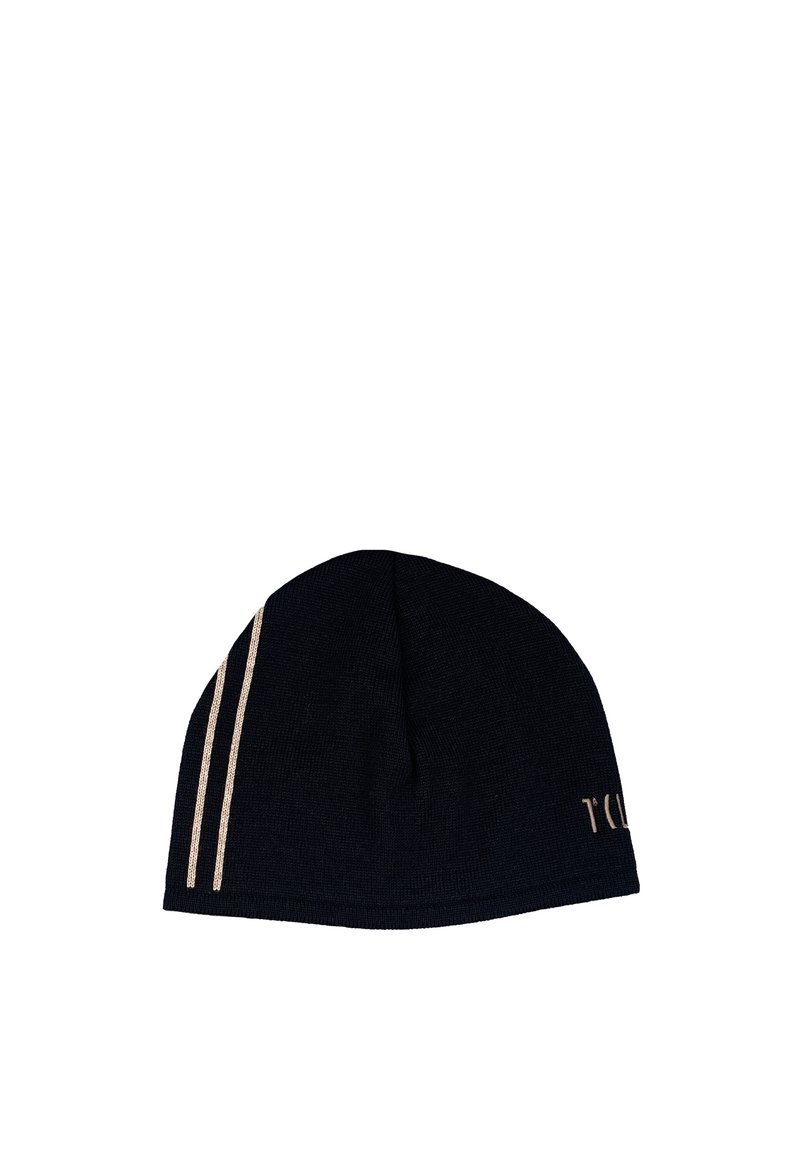 Cappellino a maglia nero con vestibilità aderente, caratterizzato da due strette strisce chiare e testo del marchio ricamato sull'orlo.